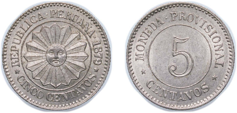 Peru Republic 1879 5 Centavos Copper-nickel (12000000) 2.48g UNC KM 197