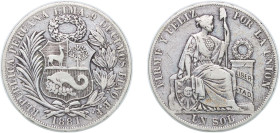 Peru Republic 1881 BF 1 Sol Silver (.900) Lima Mint 24.67g VF KM 196