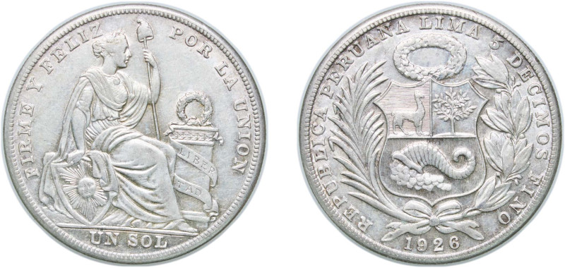 Peru Republic 1926 1 Sol Silver (.500) Lima Mint (2157000) 25g AU KM 218