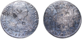 Peru Spanish colony 1800 LIMAE IJ 8 Reales - Carlos IV (Numeral IIII) Silver (.896) Lima Mint (4207000) 25.17g VF Chopmarked KM 97