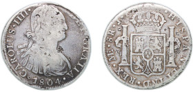 Peru Spanish colony 1804 LIMAE JP 8 Reales - Carlos IV (Numeral IIII) Silver (.896) Lima Mint (3979000) 26.4g VF Chopmarked KM 97