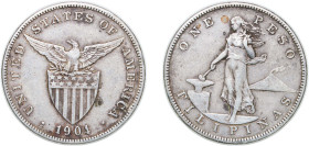 Philippines Insular Government 1904 S 1 Peso (Large type) Silver (.900) San Francisco Mint (6600000) 26.9g VF KM 168 Schön 7