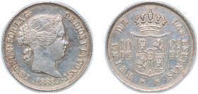 Philippines Spanish colony 1868 10 Centimos - Isabella II Silver (.900) Milan Mint (139000) 2.59g AU Cleaned KM 145