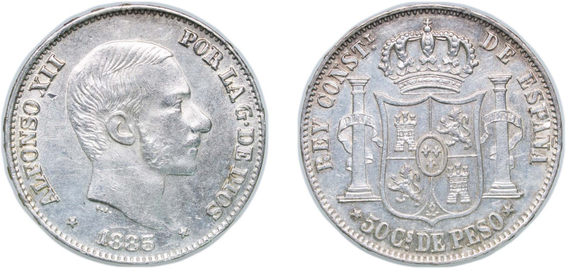 Philippines Spanish colony 1885 50 Centimos - Alfonso XII Silver (.835) Manila M...