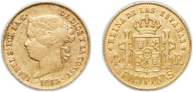 Philippines Spanish colony 1863 4 Pesos - Isabella II Gold (.875) Manila Mint (475000) 6.58g XF KM 144 Fr 1