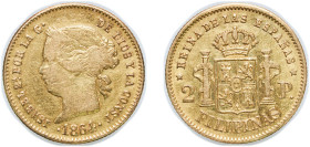 Philippines Spanish colony 1864 2 Pesos - Isabella II Gold (.875) Manila Mint (181000) 3.33g XF KM 143