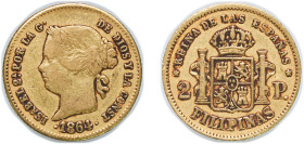 Philippines Spanish colony 1864 2 Pesos - Isabella II Gold (.875) Manila Mint (181000) 3.34g VF KM 143