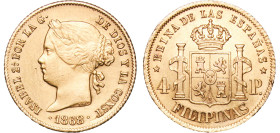 Philippines Spanish colony 1868 4 Pesos - Isabella II Gold (.875) Manila Mint (36000) 6.76g AU KM 144 Fr 1