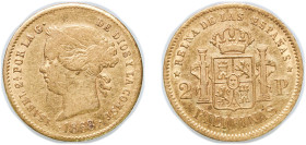 Philippines Spanish colony 1868 2 Pesos - Isabella II Gold (.875) Manila Mint (48000) 3.34g VF KM 143