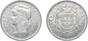 Portugal First Republic 1915 1 Escudo Silver (.835) Lisbon Mint (1818000) 25.13g AU KM 564 Gomes R 23