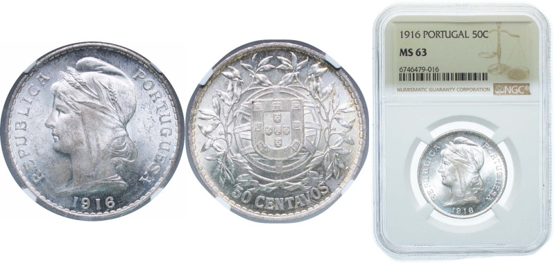 Portugal First Republic 1916 50 Centavos Silver (.835) Lisbon Mint (5080000) 12....