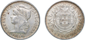 Portugal First Republic 1916 1 Escudo Silver (.835) Lisbon Mint (1405000) 24.91g AU KM 564 Gomes R 23