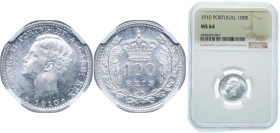 Portugal Kingdom 1910 100 Réis - Manuel II Silver (.835) Lisbon Mint 2.5g NGC MS 64 KM 548 Gomes E2 02