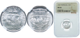 Portugal Second Republic 1947 2.50 Escudos Silver (.650) Lisbon Mint (2610000) 3.5g NGC MS 66 KM 580 Gomes R 30