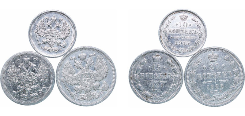Russia Russian Empire 1902-1915 Kopecks - Nicholas II (3 Lots) Silver (.500) XF