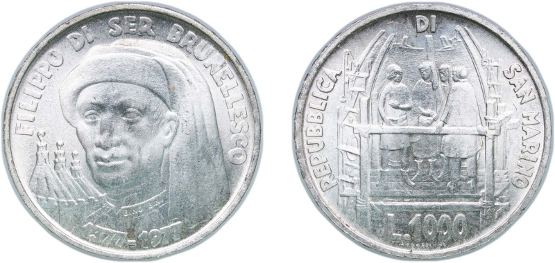 San Marino Republic 1977 1000 Lire (Brunelleschi) Silver (.835) Rome Mint (18000...