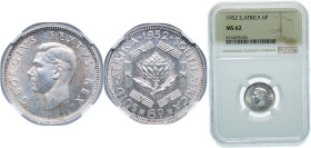 South Africa Union 1952 6 Pence - George VI (SUID AFRIKA - SOUTH AFRICA) Silver (.500) Pretoria Mint (4265000) 2.83g NGC MS 62 KM 36.2 Hern S188-189