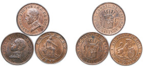 Spain 1870-1913 1 Centimo (3 Lots) Bronze AU