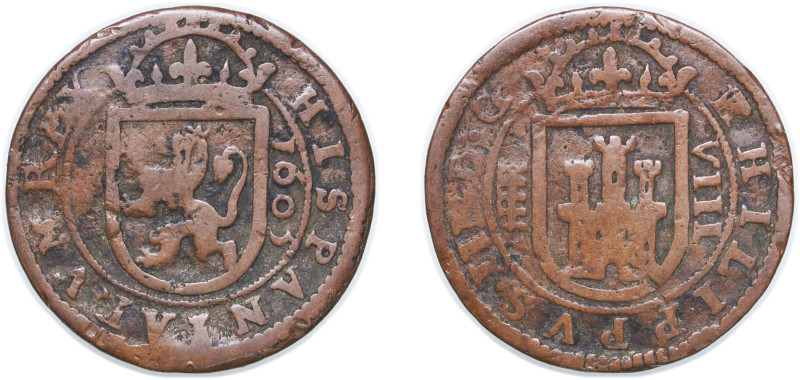 Spain Kingdom 1605 8 Maravedis - Felipe III Copper Segovia Mint 4.67g VF Cal 761