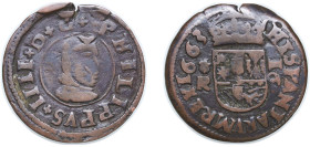 Spain Kingdom 1663 R 16 Maravedis - Felipe IV 1663 Copper Coruna Mint 4.1g VF KM 172.2
