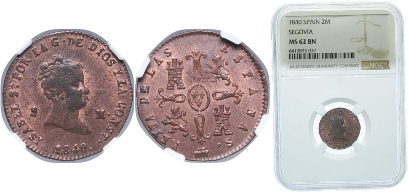 Spain Kingdom 1840 2 Maravedis - Isabel II Copper Segovia Mint 2.5g NGC MS 62 BN...