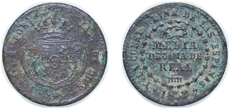Spain Kingdom 1852 ½ Decima de Real - Isabel II Copper Segovia Mint 1.58g VF KM ...