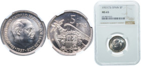 Spain Kingdom 1957 *73 5 Pesetas - Francisco Franco Copper-nickel Madrid Mint (78000000) 5.75g NGC MS 65 KM 786