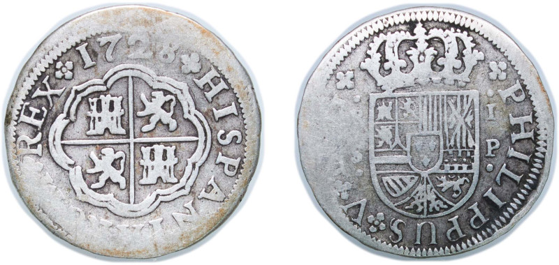 Spain Kingdom 1728 S P 1 Real - Felipe V Silver (.833) Seville Mint 2.37g VF KM ...