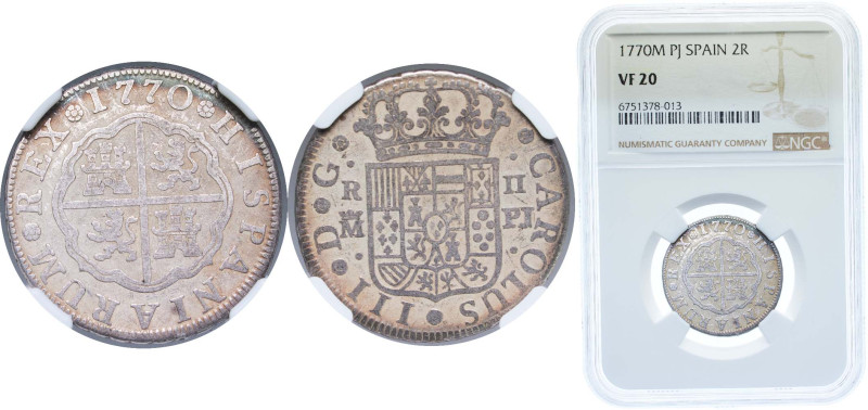 Spain Kingdom 1770 M PJ 2 Reales - Carlos III (1st type) Silver (.833) Madrid Mi...