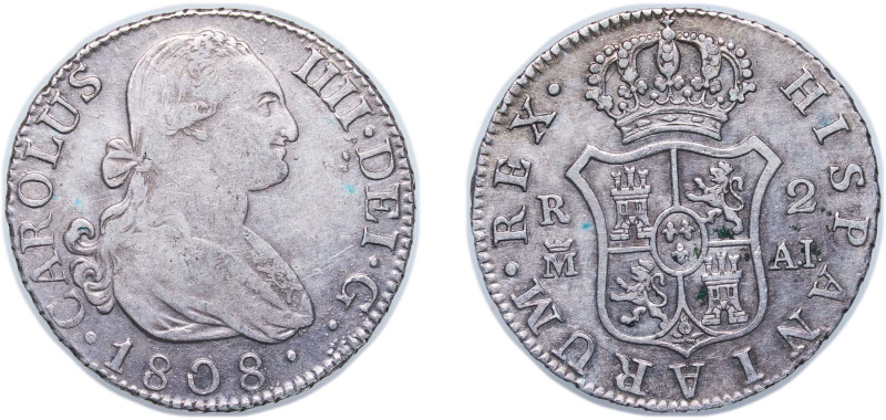 Spain Kingdom 1808 M AI 2 Reales - Carlos IV Silver (.806) Madrid Mint 5.77g XF ...