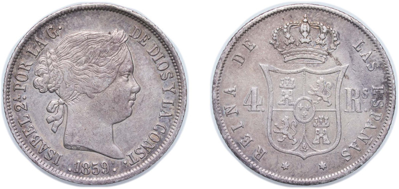 Spain Kingdom 1859 4 Reales - Isabel II Silver (.900) Madrid Mint 5.2g VF KM 608...