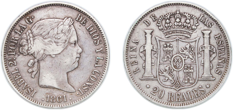Spain Kingdom 1861 20 Reales - Isabel II Silver (.900) Madrid Mint (1352000) 25....