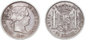 Spain Kingdom 1861 20 Reales - Isabel II Silver (.900) Madrid Mint (1352000) 25.68g VF KM 609.2