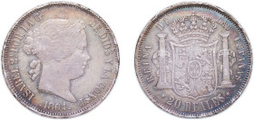Spain Kingdom 1864 20 Reales - Isabel II Silver (.900) Madrid Mint (2776000) 25.82g XF Rim Damage KM 609.2