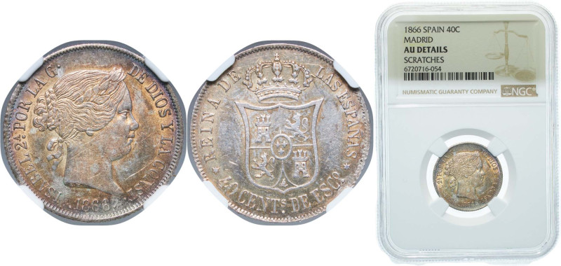 Spain Kingdom 1866 40 Centimos de Escudo - Isabel II Silver (.810) Madrid Mint 5...