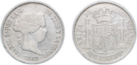 Spain Kingdom 1866 1 Escudo - Isabel II Silver (.900) Seville Mint 12.82g VF Rare KM 626.2