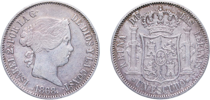 Spain Kingdom 1868 *18-68 1 Escudo - Isabel II Silver (.900) Madrid Mint 12.75g ...