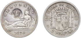 Spain Kingdom 1870 *18-73 DEM 2 Pesetas (countermarked issue with fake stamp) Silver (.835) Madrid Mint (11879646) 9.82g VF KM 654