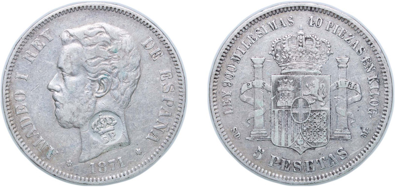 Spain Kingdom 1871 *18-71 SDM 5 Pesetas - Amadeo I (Countermarked Issue with fak...