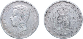 Spain Kingdom 1871 *18-71 SDM 5 Pesetas - Amadeo I (Countermarked Issue with fake stamp "G.P.") Silver (.900) Madrid Mint (13641162) 24.66g VF KM 666