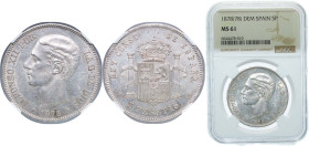 Spain Kingdom 1878 *18-78 DEM 5 Pesetas - Alfonso XII (2nd portrait) Silver (.900) Madrid Mint (5000000) 25g NGC MS 61 KM 676