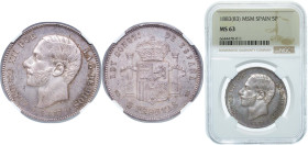 Spain Kingdom 1883 *18-83 MSM 5 Pesetas - Alfonso XII (3rd portrait) Silver (.900) Madrid Mint (5507459) 25g NGC MS 63 KM 688