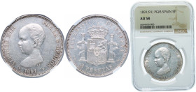 Spain Kingdom 1891 *18-91 PGM 5 Pesetas - Alfonso XIII (1st portrait) Silver (.900) Madrid Mint (11659556) 25g NGC AU 58 KM 689