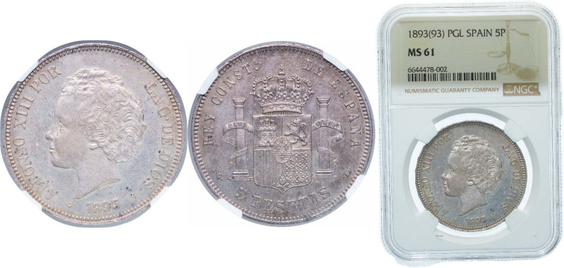 Spain Kingdom 1893*18-93 PGL 5 Pesetas - Alfonso XIII (2nd portrait) Silver (.90...