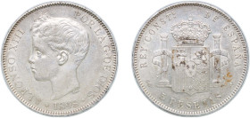 Spain Kingdom 1898 SGV 5 Pesetas - Alfonso XIII (3rd portrait) Silver (.900) Madrid Mint (39977000) 24.66g AU KM 707