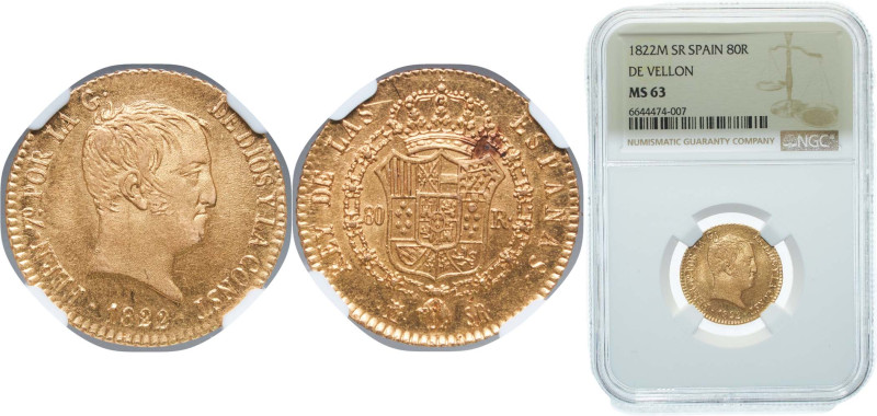 Spain Kingdom 1822 M SR 80 Reales - Fernando VII Gold (.875) Madrid Mint 6.7g NG...