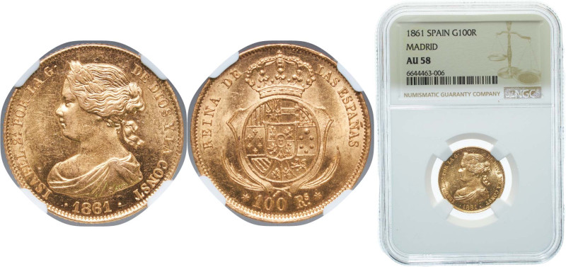 Spain Kingdom 1861 100 Reales - Isabel II Gold (.900) Madrid Mint 8.3g NGC AU 58...