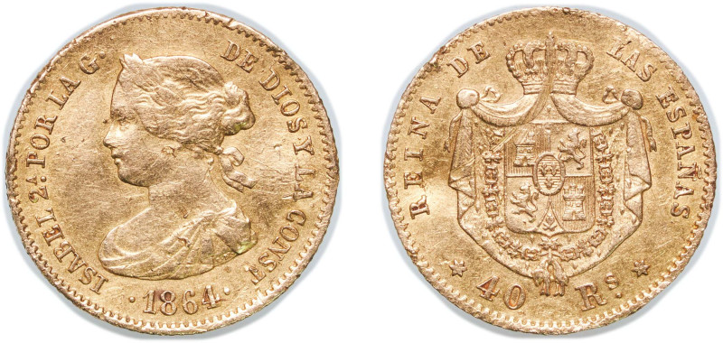 Spain Kingdom 1864 40 Reales - Isabel II Gold (.900) Madrid Mint 3.32g VF Bent S...