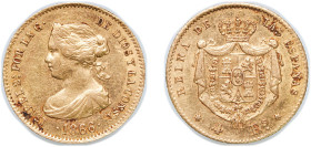 Spain Kingdom 1866 4 Escudos - Isabel II Gold (.900) Madrid Mint 3.23g XF KM 631.1