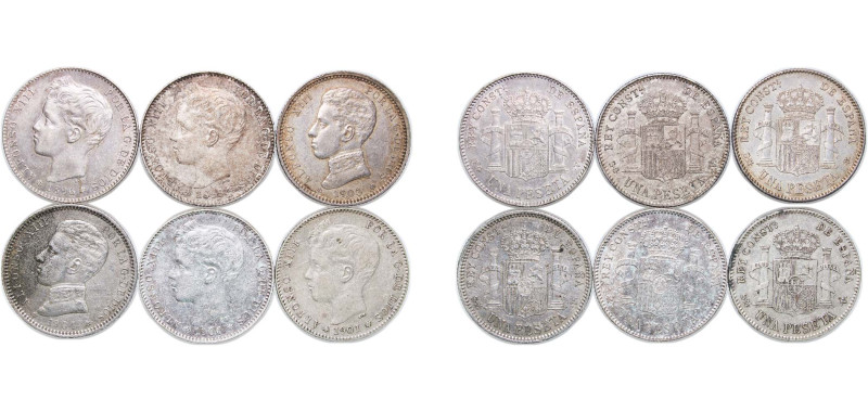 Spain Kingdom 1896-1906 1 Peseta - Alfonso XIII (6 Lots) Silver (.835) Madrid Mi...
